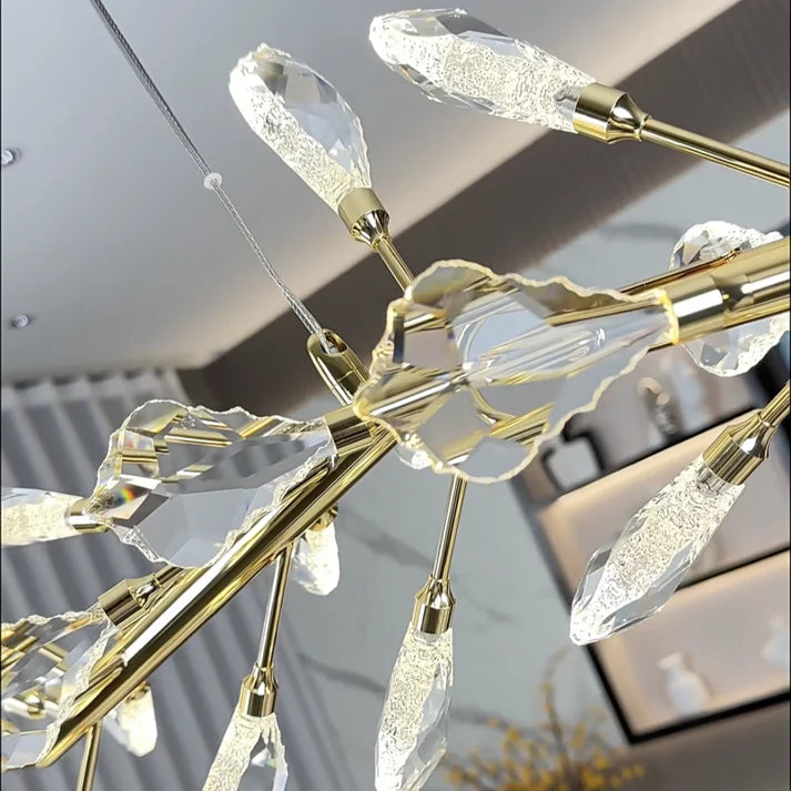 Sleek Modern Branch Crystal Leaves Linear Chandelier