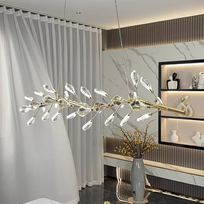 Sleek Modern Branch Crystal Leaves Linear Chandelier