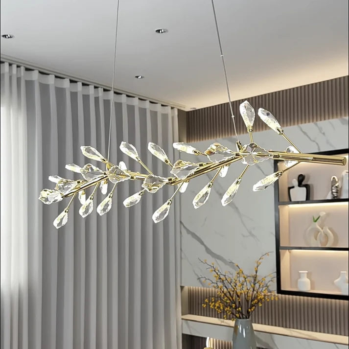 Sleek Modern Branch Crystal Leaves Linear Chandelier