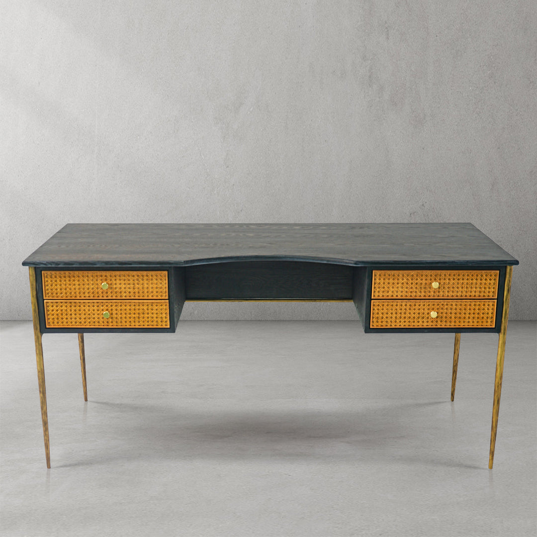 Thomson Retro Brass Iron Frame Rattan Desk